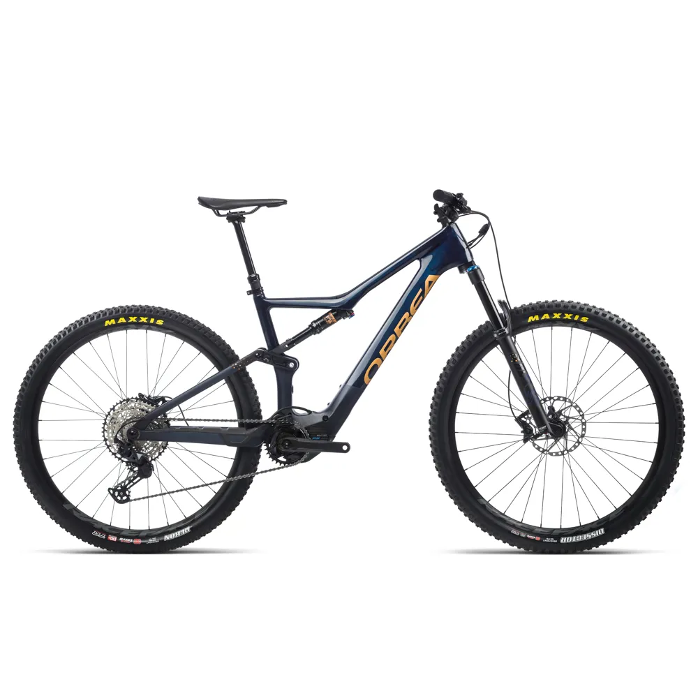 Orbea Rise M20 29er Mountain Bike Coal Blue/Red Gold electric bike, photo from Leisure Lakes Bikes