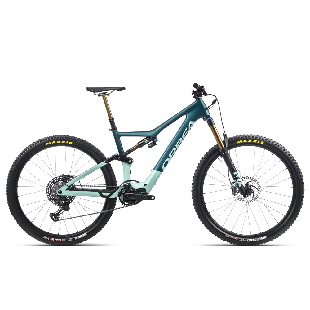 Orbea Rise M-Team 29er Mountain Bike Team Ice Green/Ocean electric bike, photo from Leisure Lakes Bikes