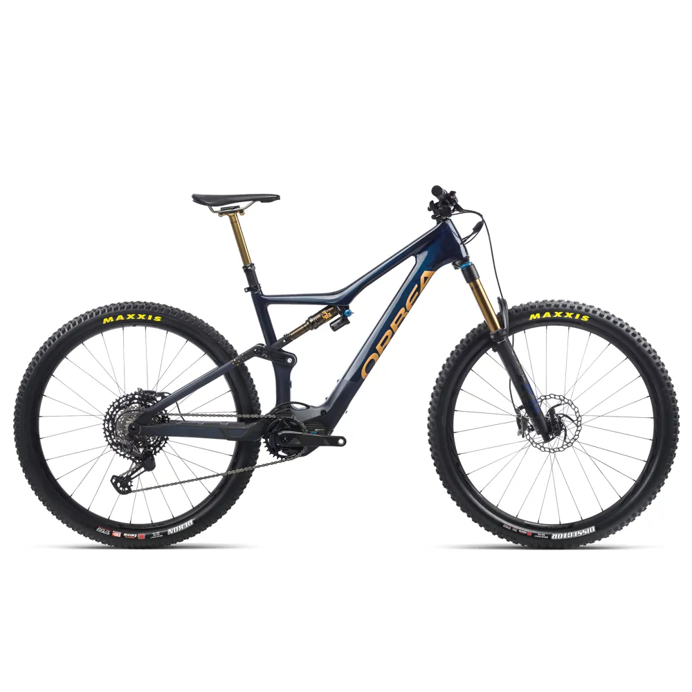 Orbea Rise M-Team 29er Mountain Bike Coal Blue/Red Gold electric bike, photo from Leisure Lakes Bikes