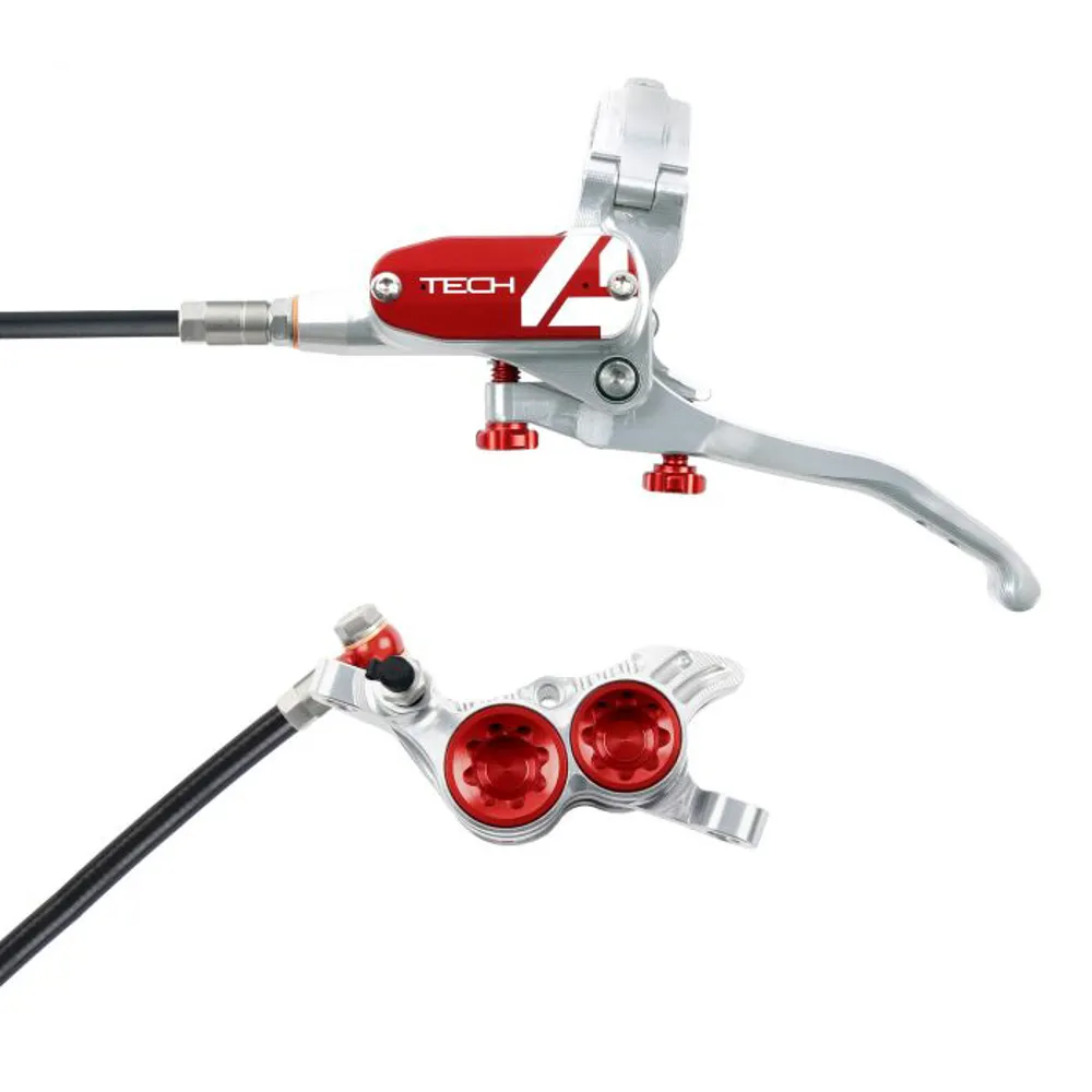 Image of Hope Tech 4 V4 Disc Brake Right Hand Silver/Red/Black Hose No Rotor