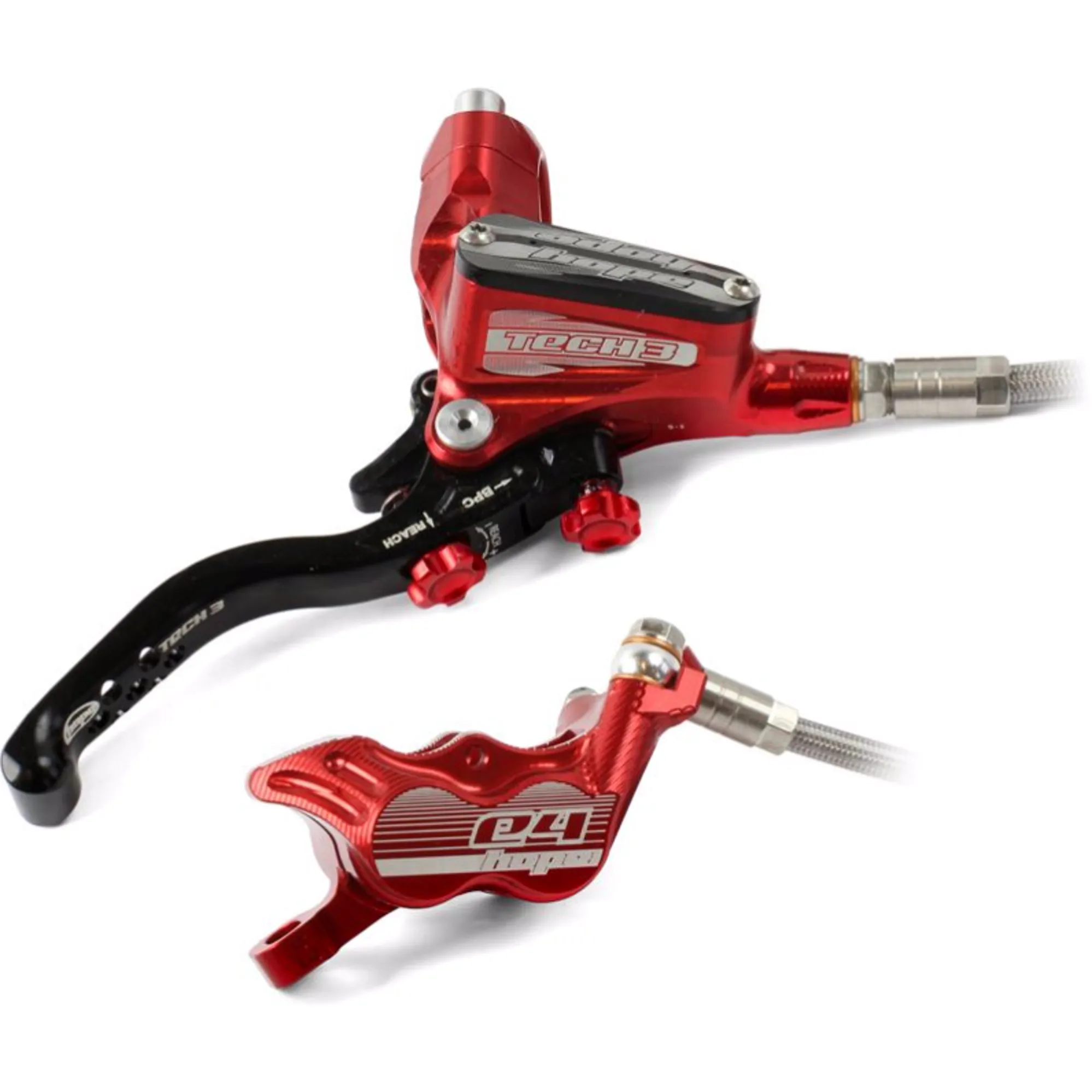 Hope Tech 3 E4 Disc Brake No Rotor Red R/H Braided Rear Hope Tech 3 E4 Disc Brake No Rotor Red R/H Braided Rear