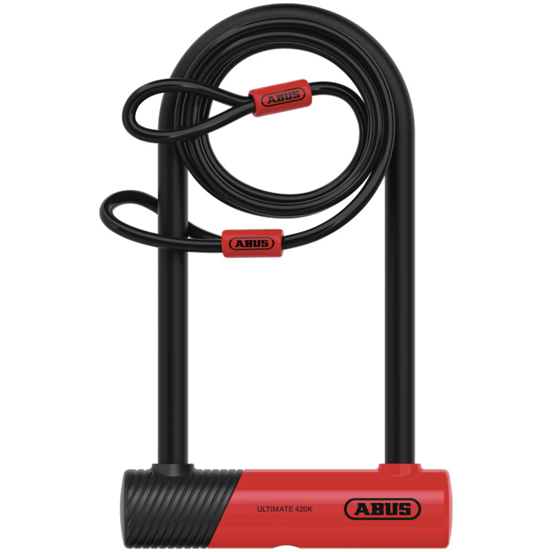 Abus Ultimate 420K Key D Lock with Bracket and 120cm Cable - Sold Secure Rating - Pedal Cycle Gold - 230mm Black/Red