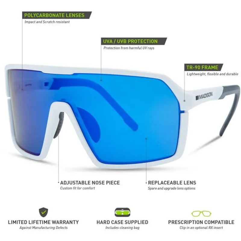 Madison Crypto Sunglasses 3 Lens Pack Gloss White/Blue Mirror/Amber and Clear Lens-6