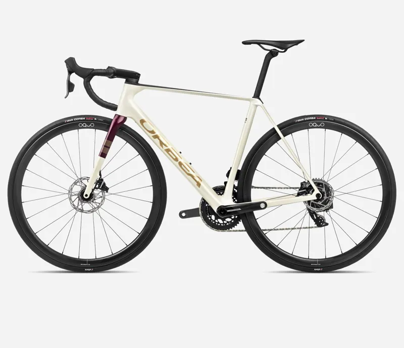 Orbea Orca M21e Team PWR Road Bike 2024 Ivory White Burgundy/Vulcano-1
