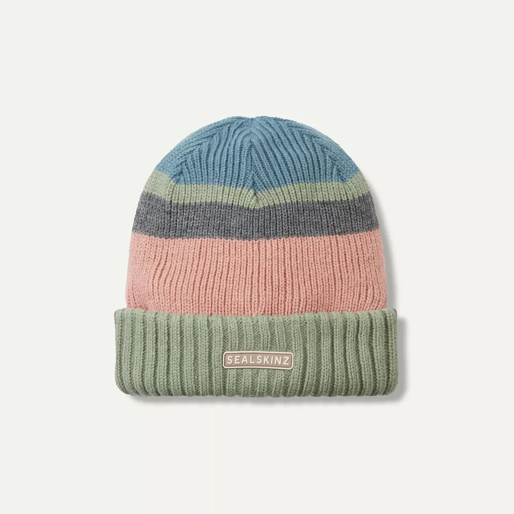 Image of SealSkinz Cromer Waterproof Cold Weather Roll Cuff Striped Beanie Green/Pink